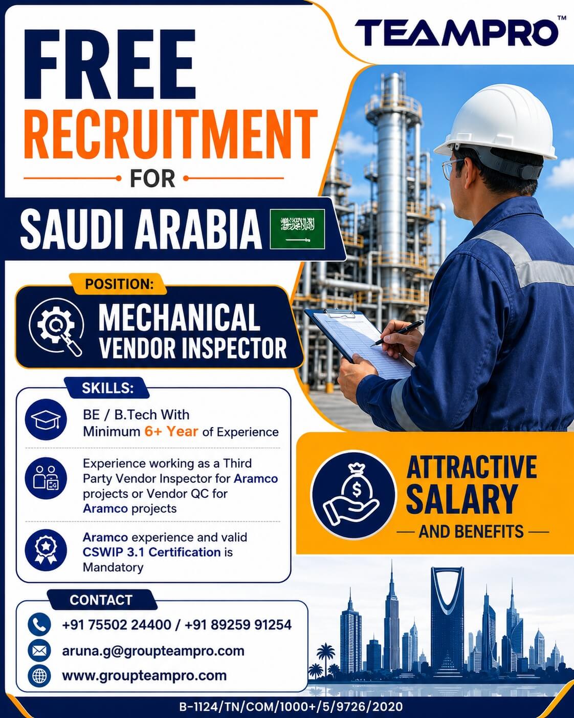 Saudi Arabia – Mechanical Vendor Inspector  ? Free Recruitment for Saudi Arabia Position: Mechanical Vendor Inspector
