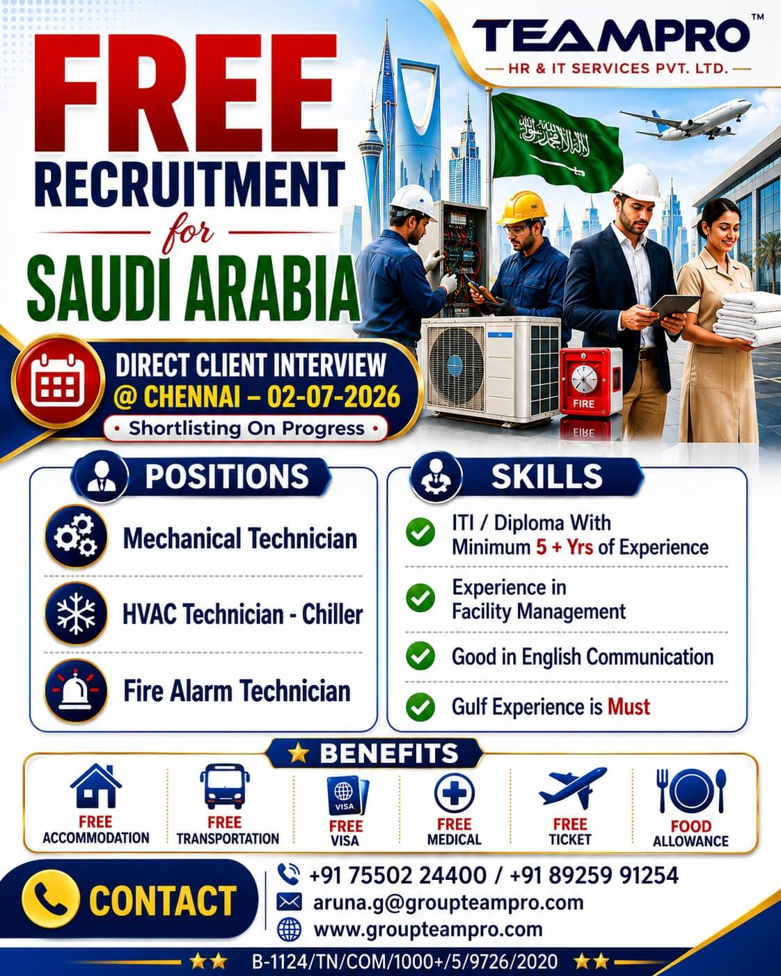 FREE RECRUITMENT FOR SAUDI ARABIA   Direct Client Interview @ Chennai – 02-07-2026