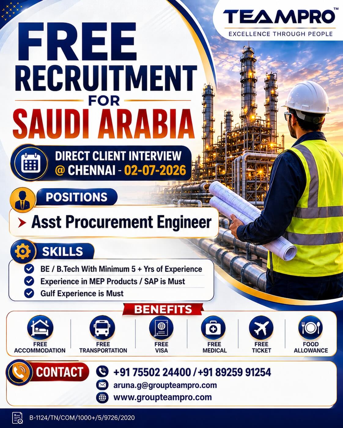 FREE RECRUITMENT FOR SAUDI ARABIA   Position: Assistant Procurement Engineer   Location: Saudi Arabia