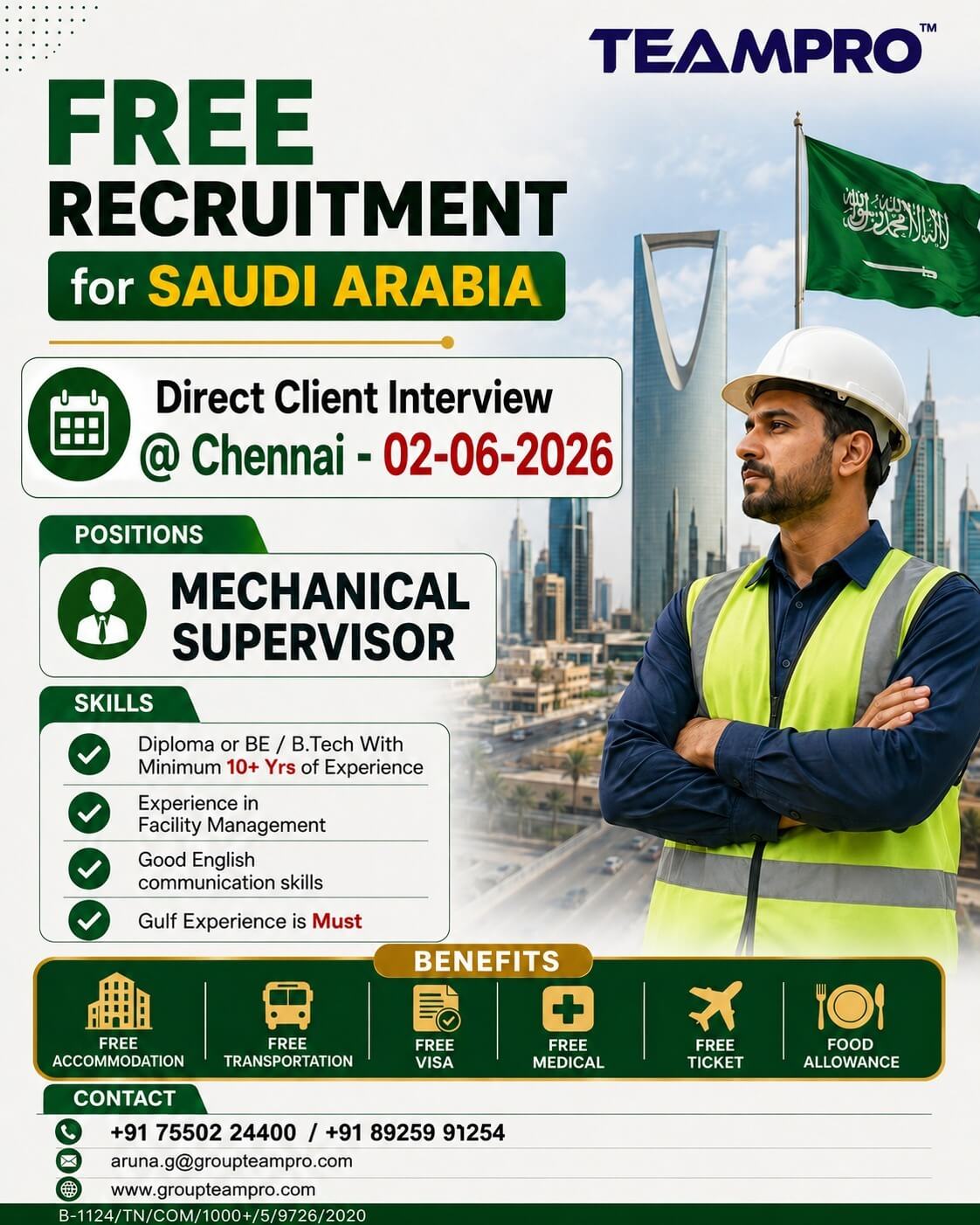 ? FREE RECRUITMENT FOR SAUDI ARABIA ??  ? Position: Mechanical Supervisor  ? Direct Client Interview @ Chennai – 02-06-2026