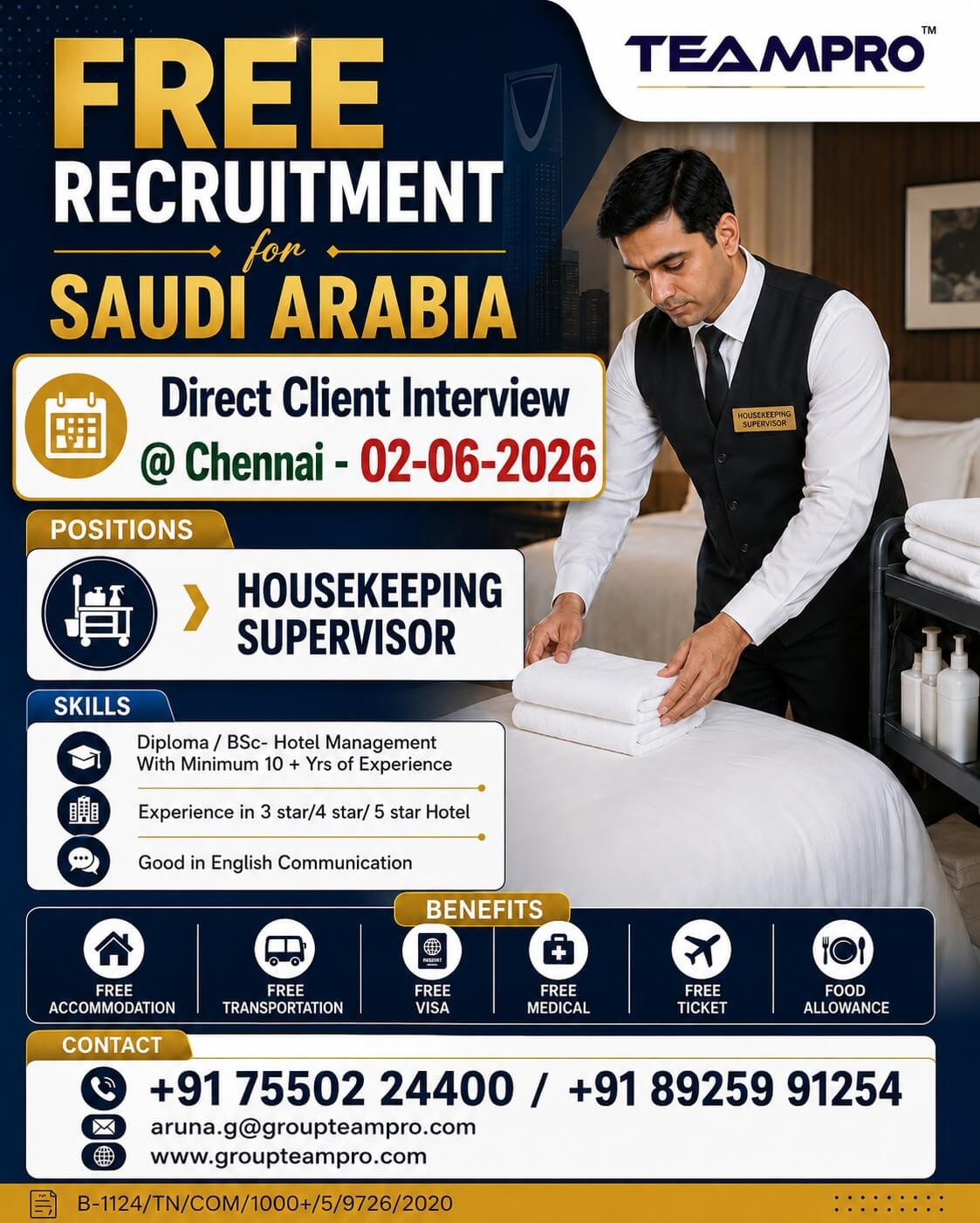? FREE RECRUITMENT FOR SAUDI ARABIA ??  ? Position: Housekeeping Supervisor  ? Direct Client Interview @ Chennai – 02-06-2026