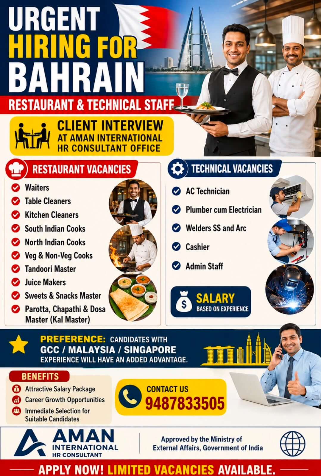 Urgent Hiring for Bahrain – Restaurant & Technical Staff Urgent Hiring for Bahrain – Restaurant & Technical Staff