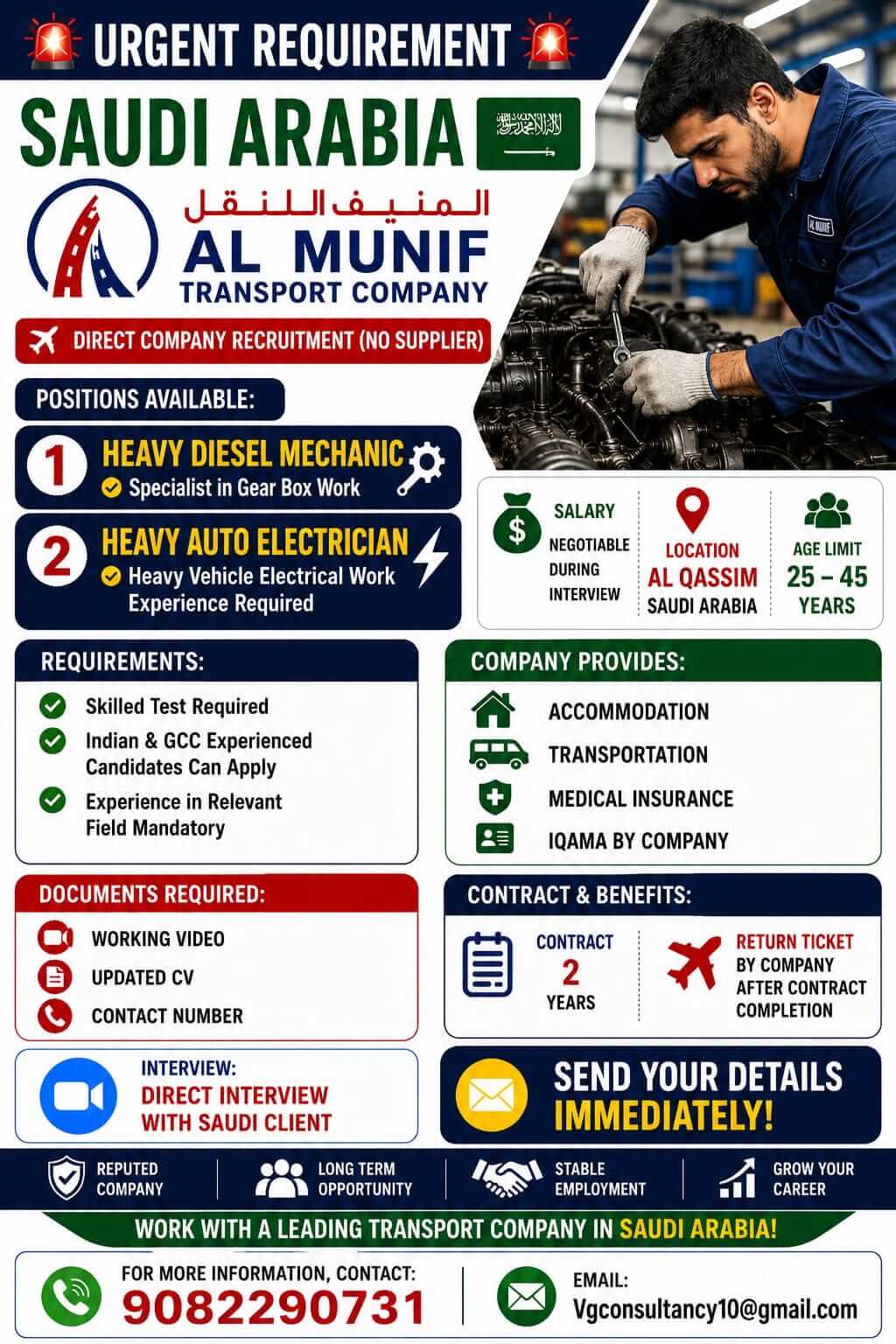 URGENT REQUIREMENT – SAUDI ARABIA Al Munif Transport Company – Direct Company Recruitment