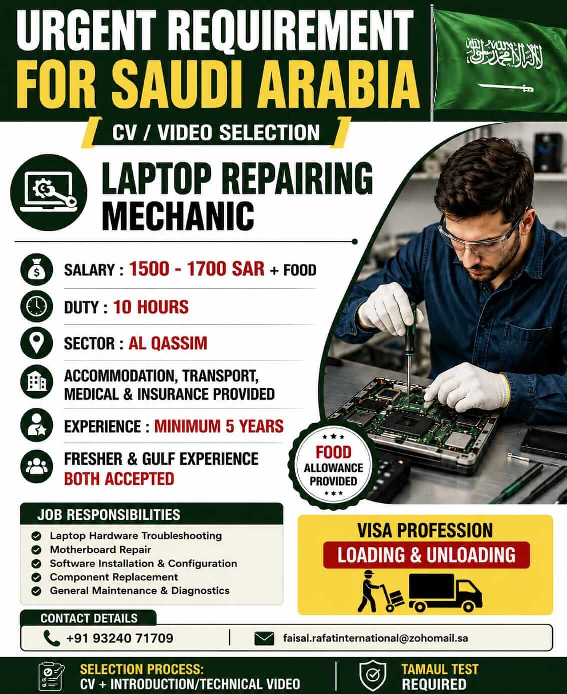 URGENTLY REQUIRED FOR SAUDI ARABIA LAPTOP REPAIRING MECHANIC