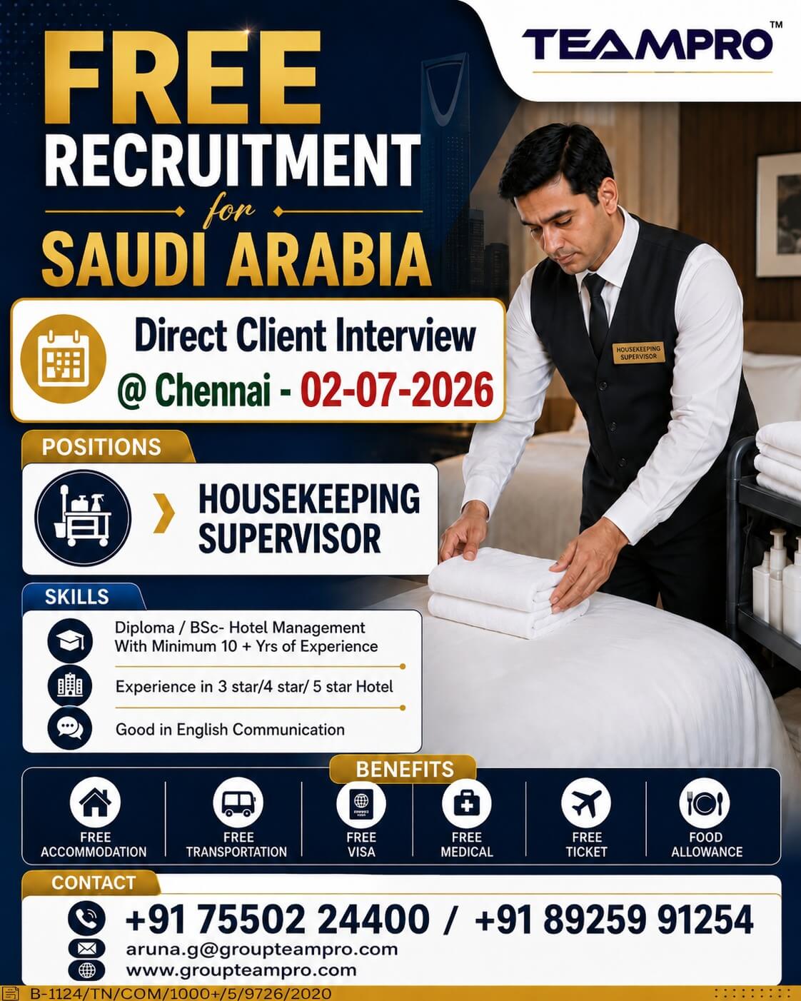 ? FREE RECRUITMENT FOR SAUDI ARABIA ?? ? Position: Housekeeping Supervisor ? Direct Client Interview @ Chennai – 02-07-2026 ? FREE RECRUITMENT FOR SAUDI ARABIA ?? ? Position: Housekeeping Supervisor ? Direct Client Interview @ Chennai – 02-07-2026