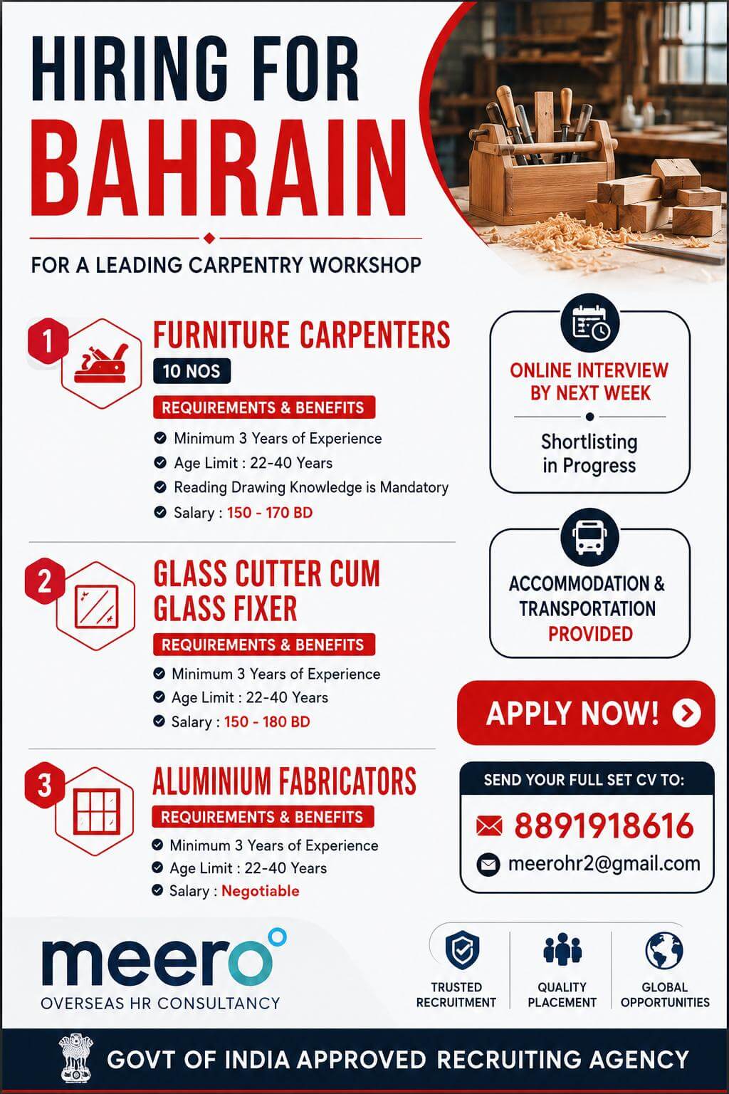 FINISHING CARPENTERS, ALUMINIUM FABRICATORS AND GLASS CUTTER CUM FIXER