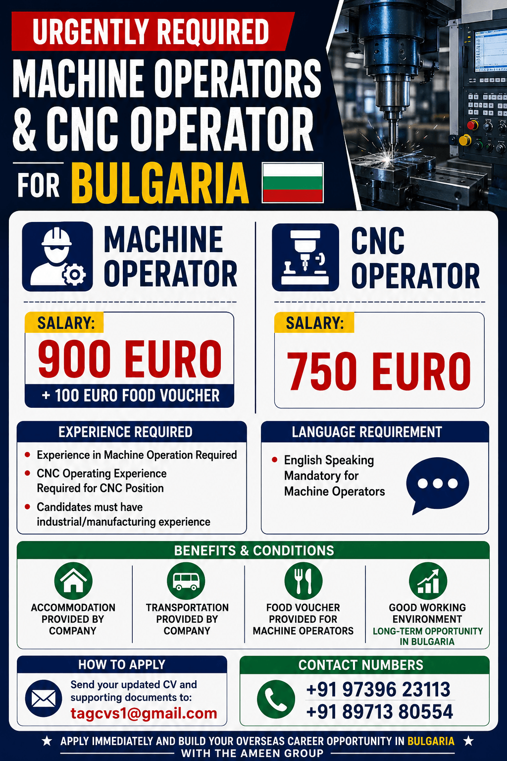 Urgently Required – Machine Operators & CNC Operator for Bulgaria