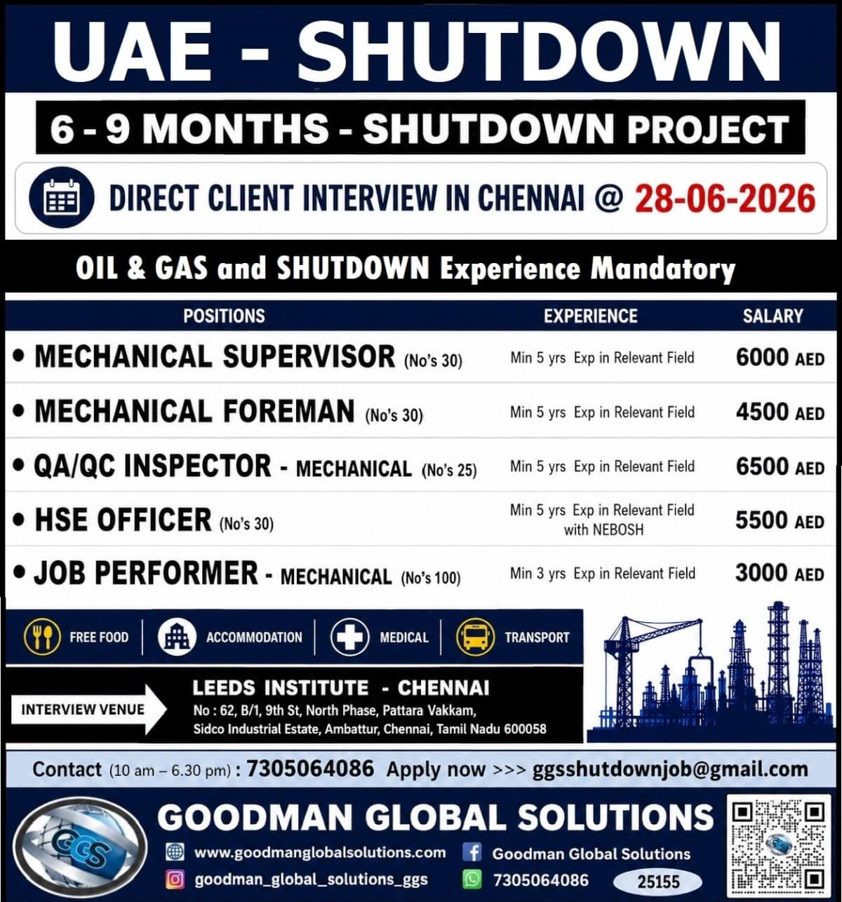 UAE - SHUTDOWN PROJECT (6 - 9 MONTHS SHUTDOWN)  DIRECT CLIENT INTERVIEW IN CHENNAI ON 28-06-2026