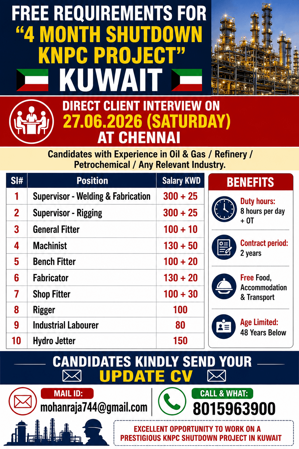 FREE REQUIREMENTS FOR " 4 MONTH SHUTDOWN  KNPC P ROJECT ” KUWAIT   DIRECT CLIENT INTERVIEW ON 27.06.2026 (SATURDAY) AT CHENNAI