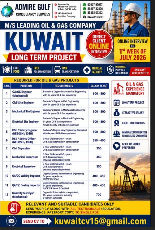 A LEADING OIL & GAS COMPANY - KUWAIT -LONG TERM DIRECT CLIENT ONLINE INTERVIEW ON 1ST WEEK OF JULY 2026 A LEADING OIL & GAS COMPANY - KUWAIT -LONG TERM DIRECT CLIENT ONLINE INTERVIEW ON 1ST WEEK OF JULY 2026
