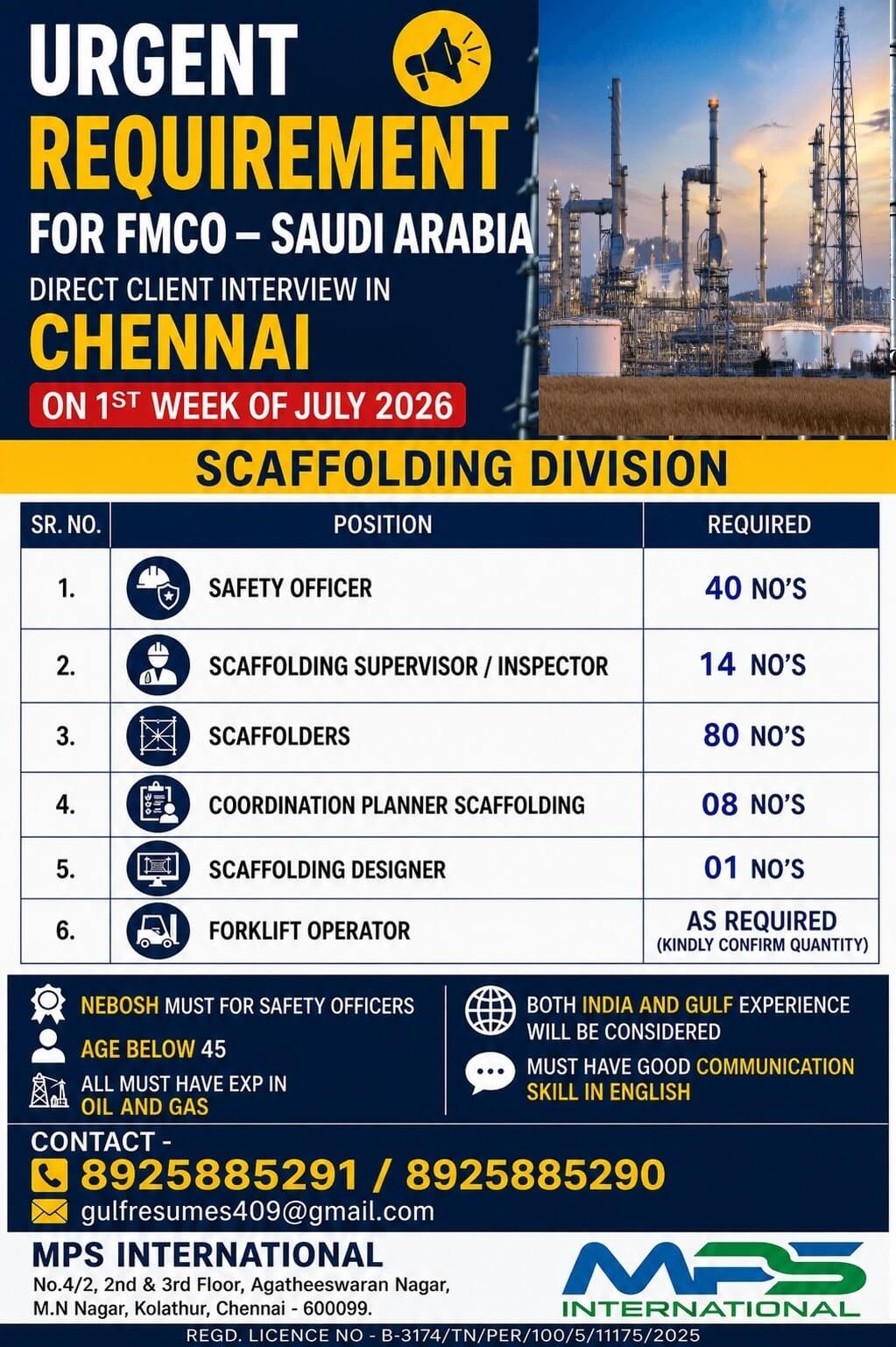 URGENT REQUIREMENT FOR FMCO – SAUDI ARABIA  DIRECT CLIENT INTERVIEW IN CHENNAI ON 1ST WEEK OF JULY 2026  SCAFFOLDING DIVISION