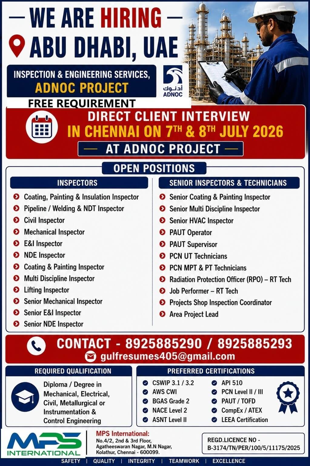 WE ARE HIRING – ABU DHABI, UAE  INSPECTION & ENGINEERING SERVICES ADNOC PROJECT  FREE REQUIREMENT  DIRECT CLIENT INTERVIEW  IN CHENNAI ON 7TH & 8TH JULY 2026 AT ADNOC PROJECT
