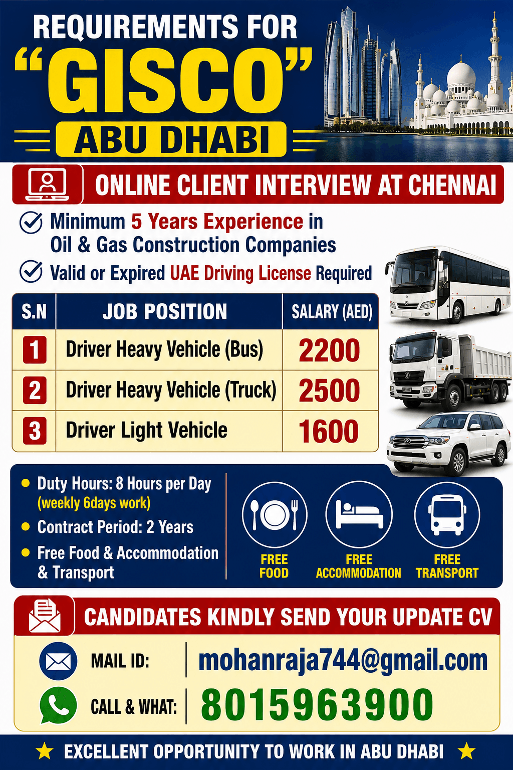 REQUIREMENTS FOR "GISCO” ABUDHABI     ONLINE CLIENT INTERVIEW AT CHENNAI