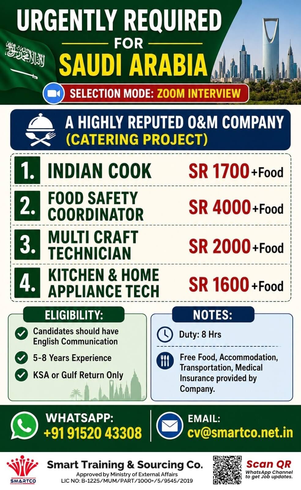 Urgently Required for Saudi Arabia  A Highly Reputed O&M Company (Catering project)
