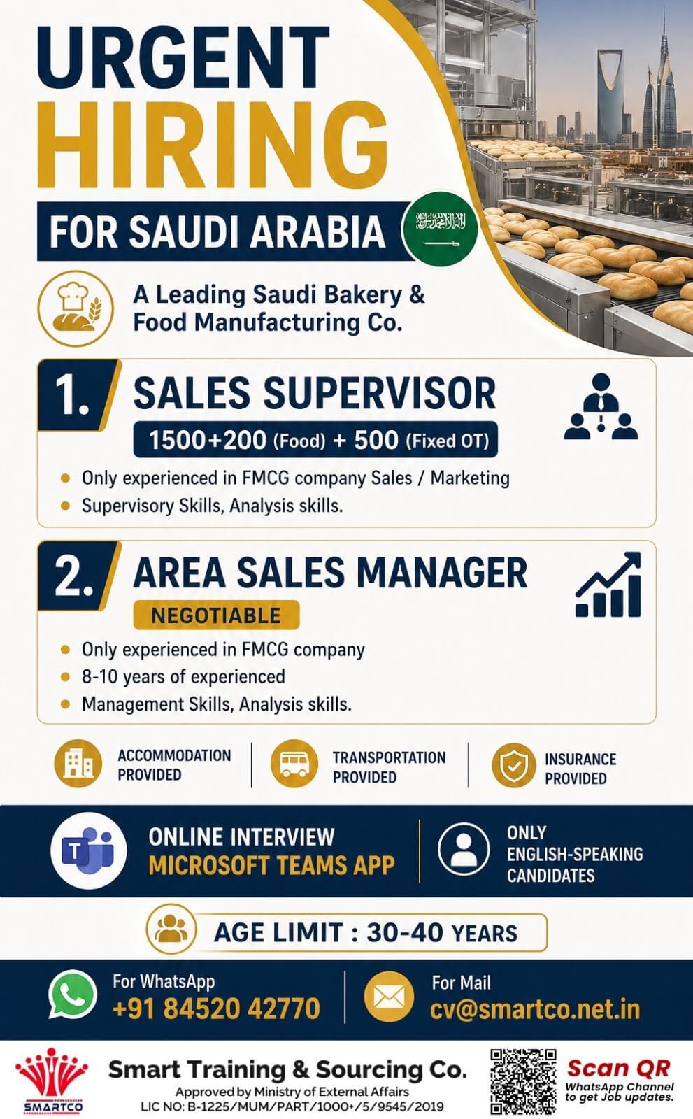 URGENT HIRING – SAUDI ARABIA ?? ?  ? Leading Saudi Bakery & Food Manufacturing Company