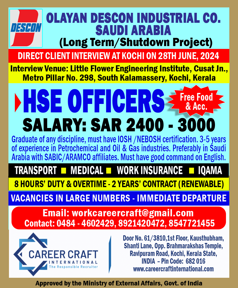 CLIENT INTERVIEW AT KOCHI ON 28TH JUNE, 2024 FOR HSE OFFICERS FOR OLAYAN DESCON -