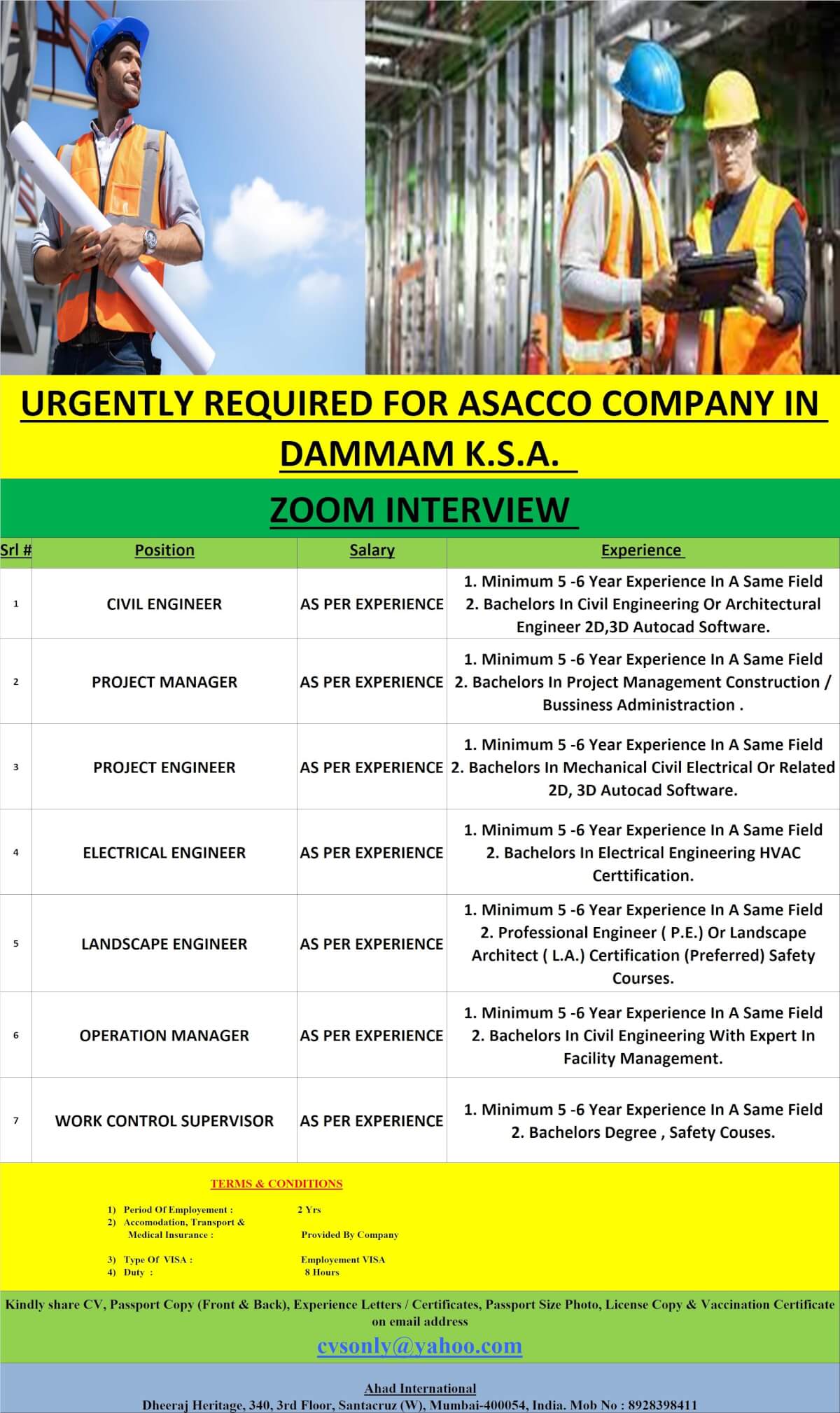 URGENTLY REQUIRED FOR MULTINATIONAL GROUP OF COMPANY DAMMAM K.S.A.