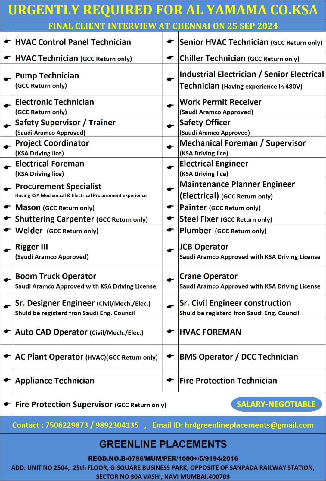 URGENTLY REQUIRED FOR AL YAMAMA CO.KSA