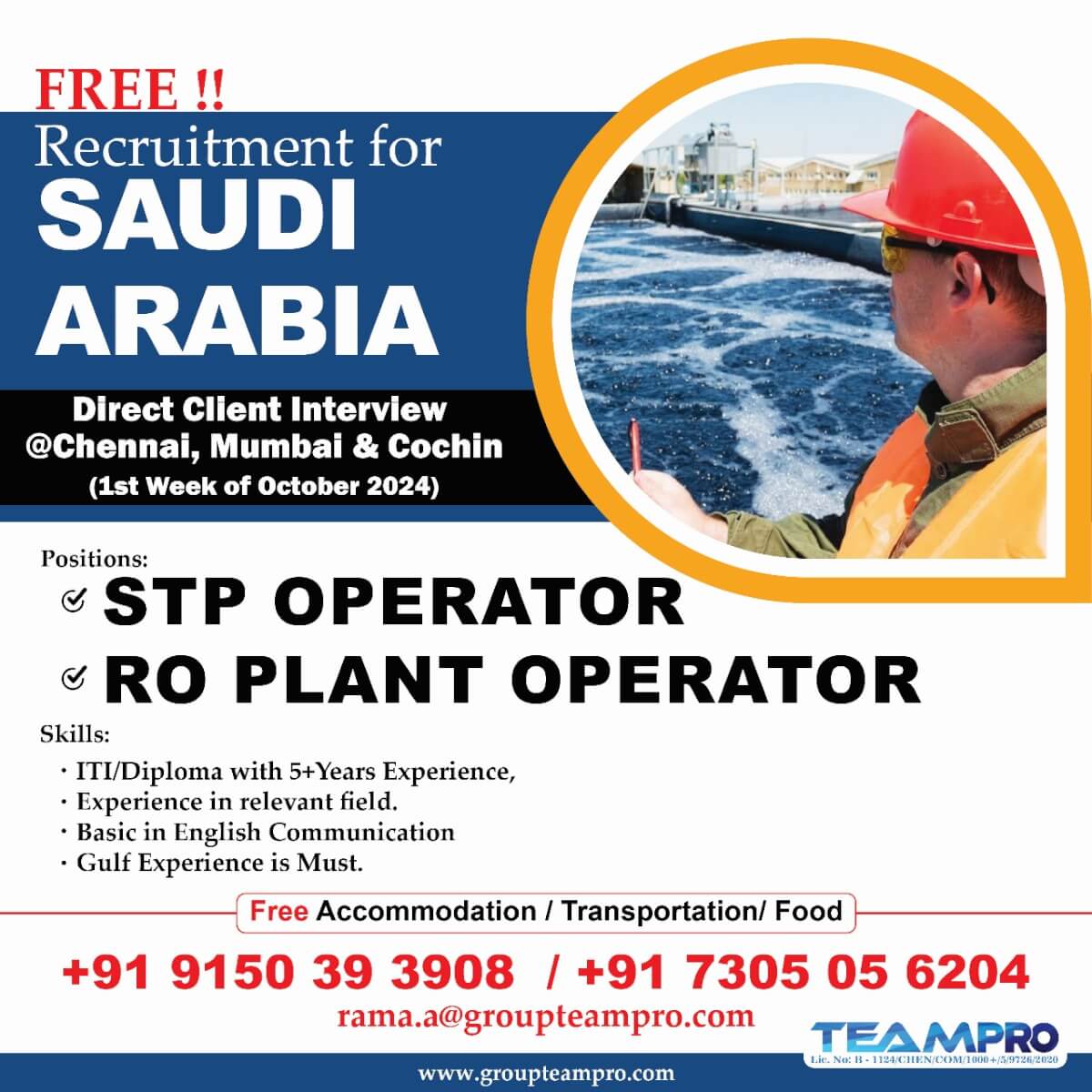 Free Recruitment for Saudi Arabia, Direct Client Interview @ Chennai , Cochin & Mumbai