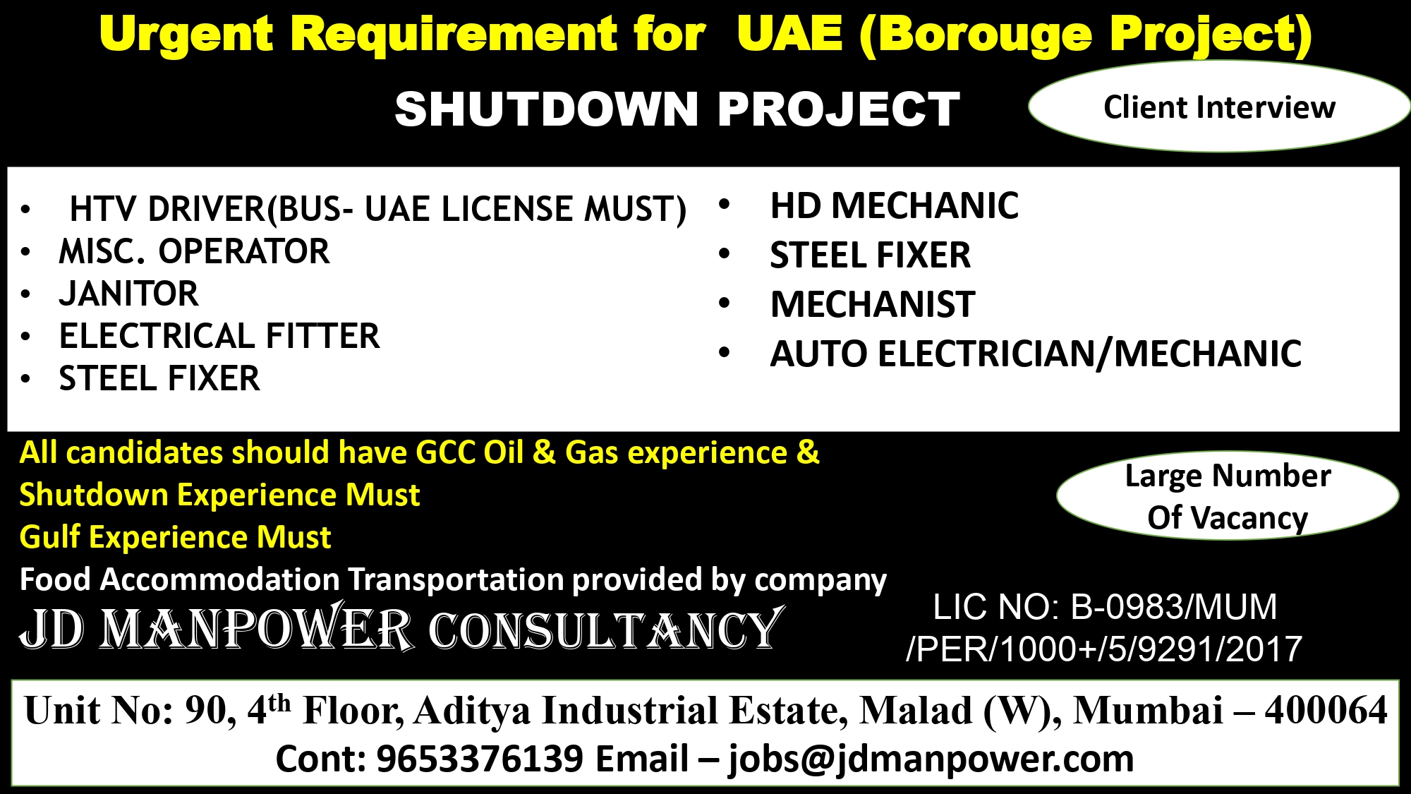 Urgent Requirement For Abu Dhabi Shutdown