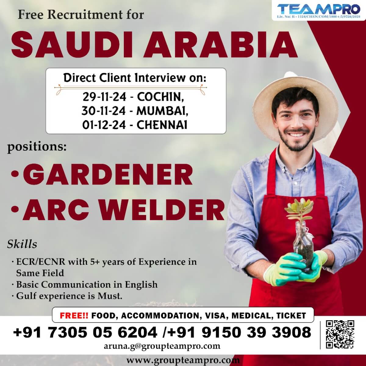 Free Recruitment for Saudi Arabia, Direct client interview @ Cochin, Mumbai &Chennai