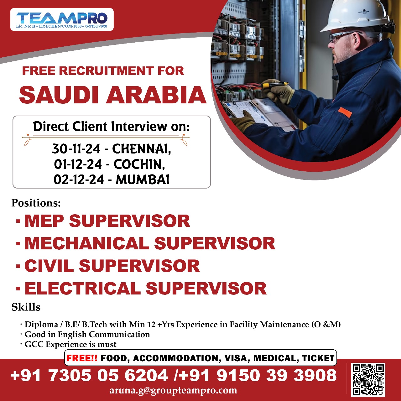 Free recruitment for saudi Arabia Direct interview in Cochin, chennai, Mumbai