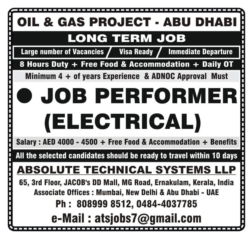 Job Performer Electrical required for Abu Dhabi