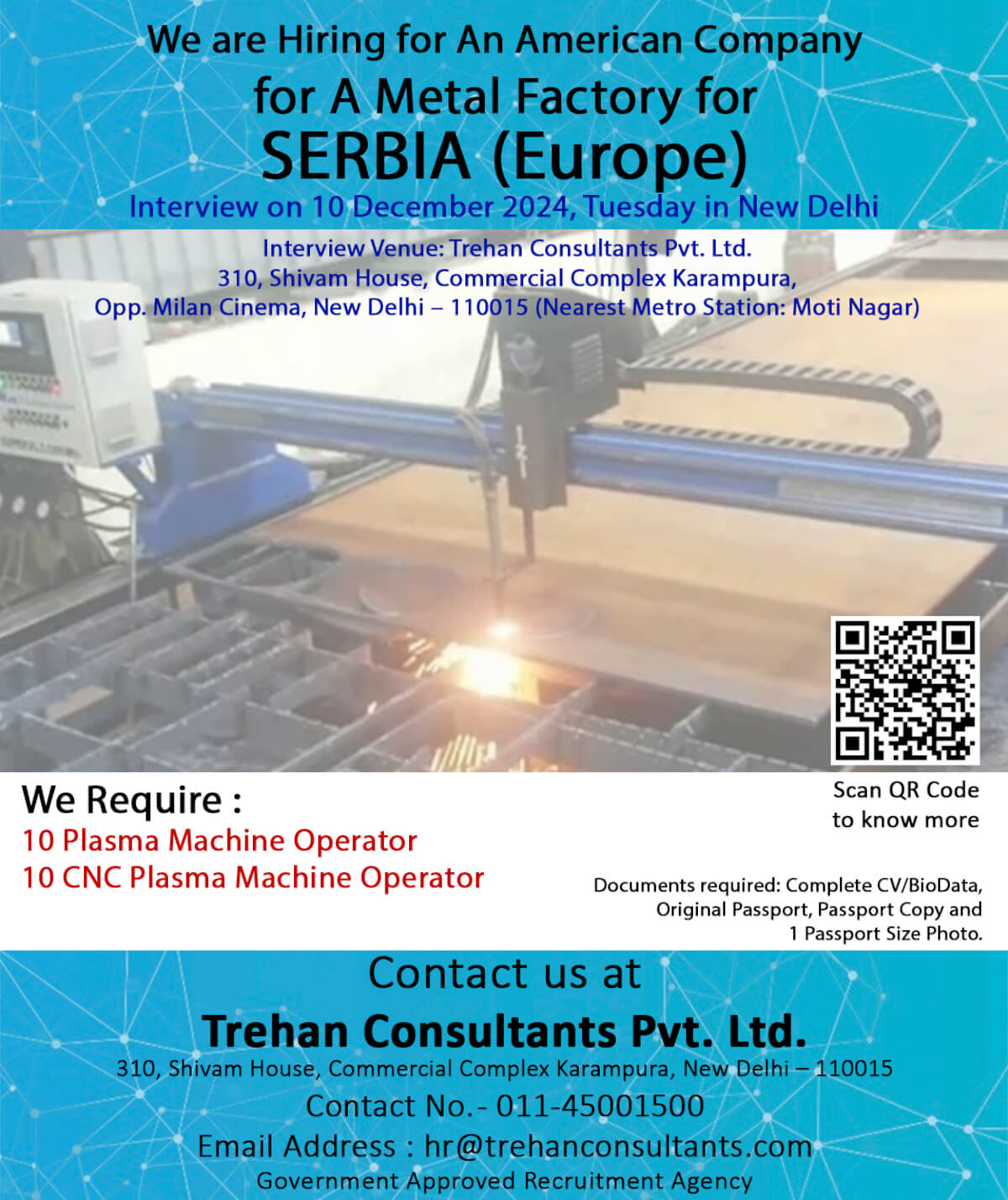 Plasma Machine Operator & CNC Plasma Machine Operator required for An American Company in SERBIA (EUROPE) for A Sheet Metal Factory - Interview Date 10 December 2024