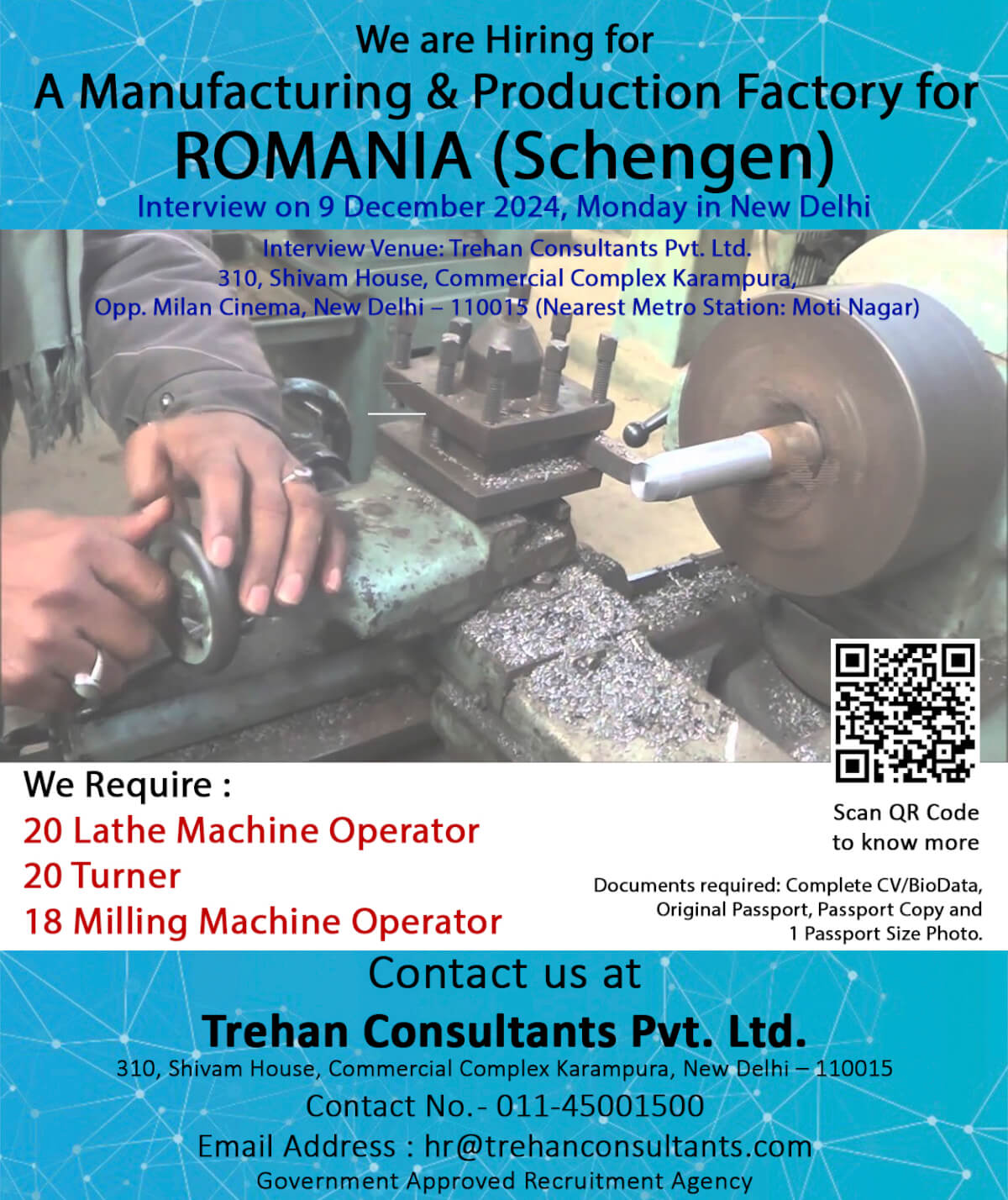 Lathe Machine Operator, Turner & Milling Machine Operator required for ROMANIA (Schengen) for a Manufacturing & Production Factory - Interview Date 9 December 2024