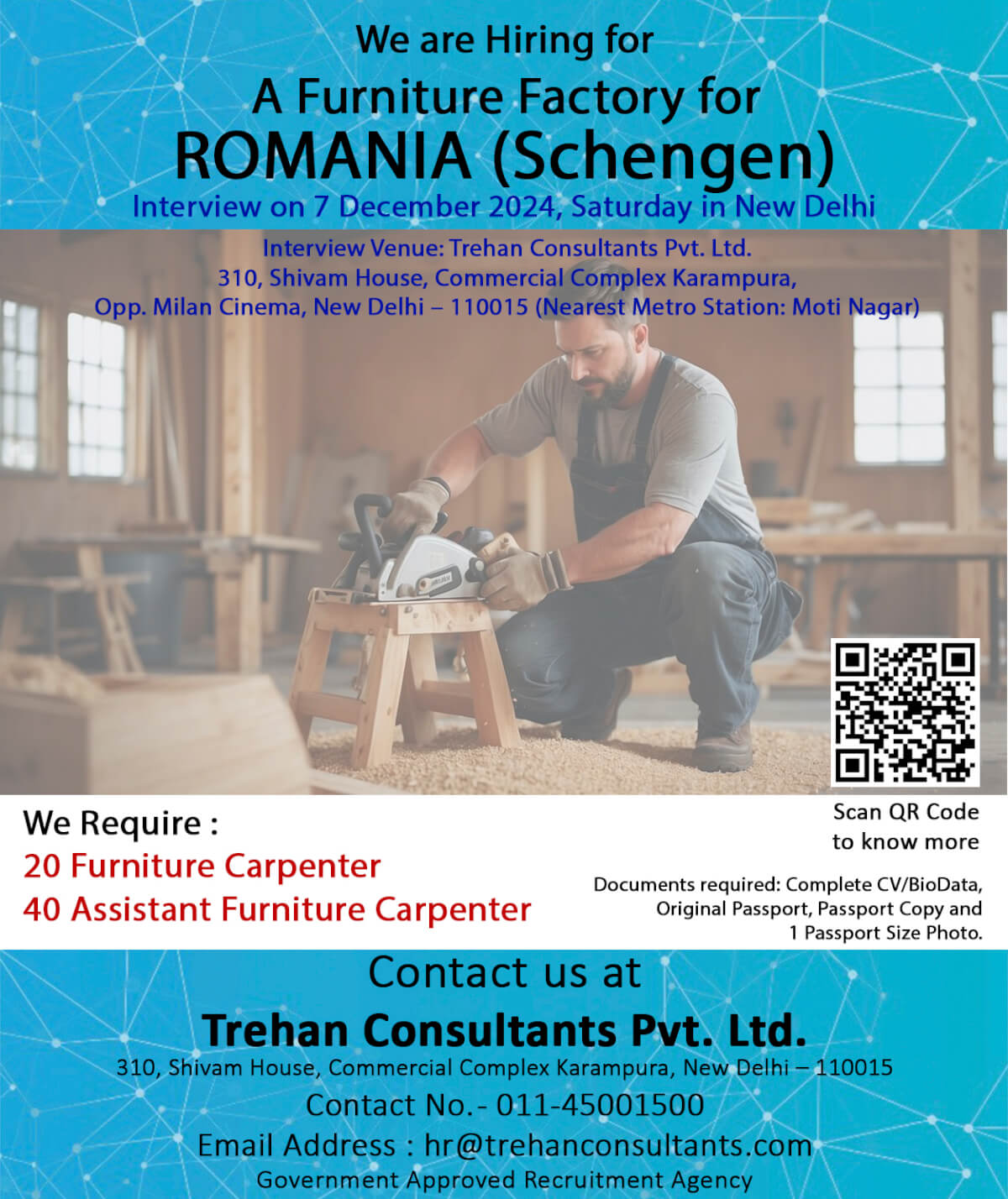 Furniture Carpenter & Assistant Furniture Carpenter required for ROMANIA (Schengen) for a Furniture Factory - Interview Date 7 December 2024