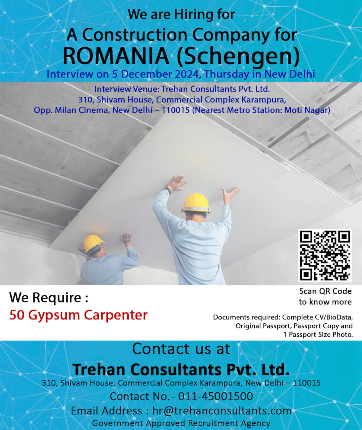 Gypsum Carpenter and Tile Mason required for ROMANIA (Schengen) for a Construction Company - Interview Date 5 December 2024