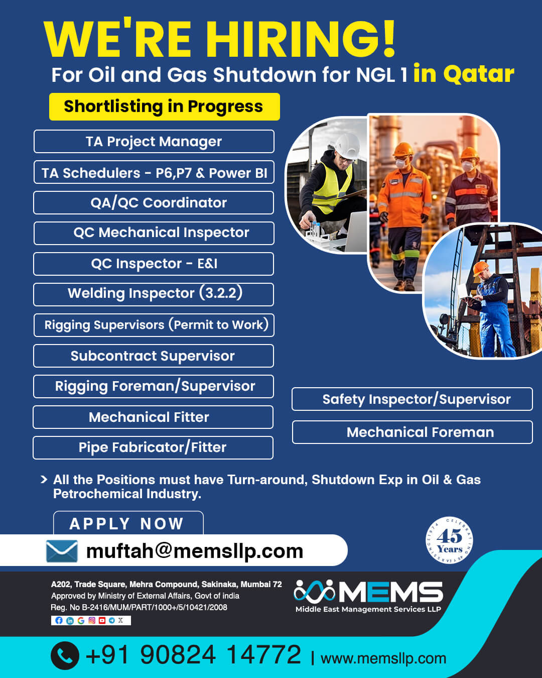 We are Hiring for Oil & Gas Shutdown for NGL1 in Qatar