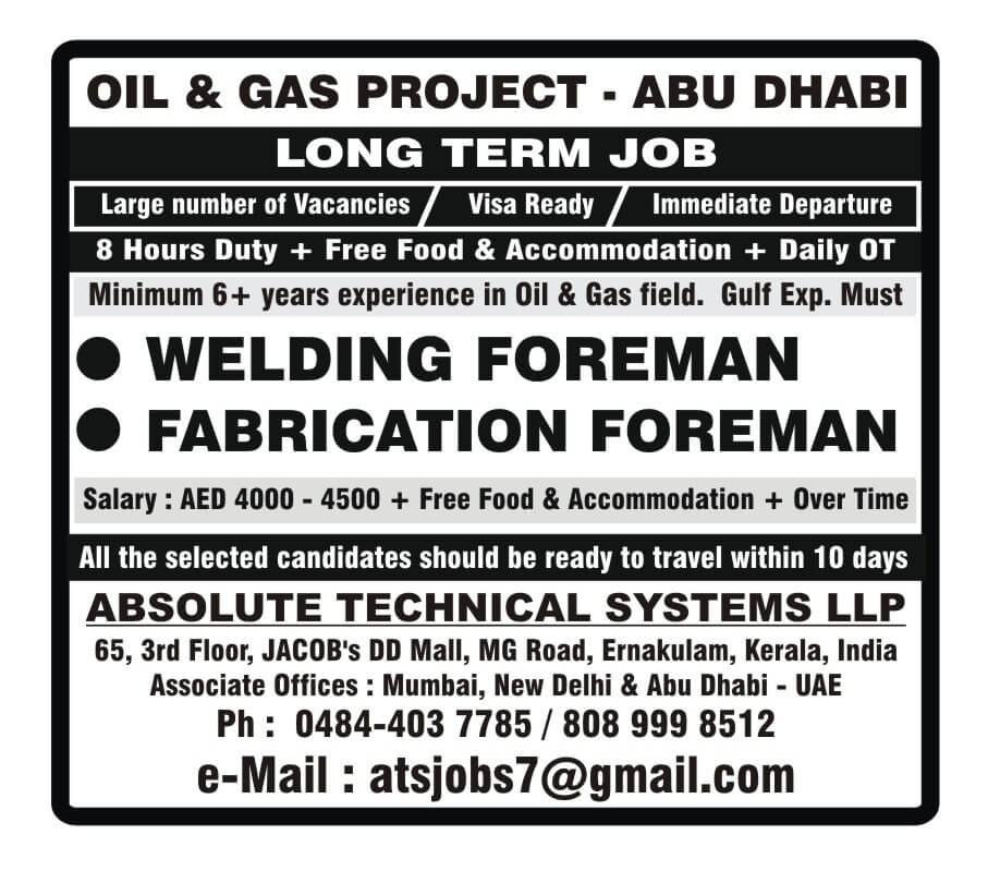 Fabrication Foreman required for Abu Dhabi