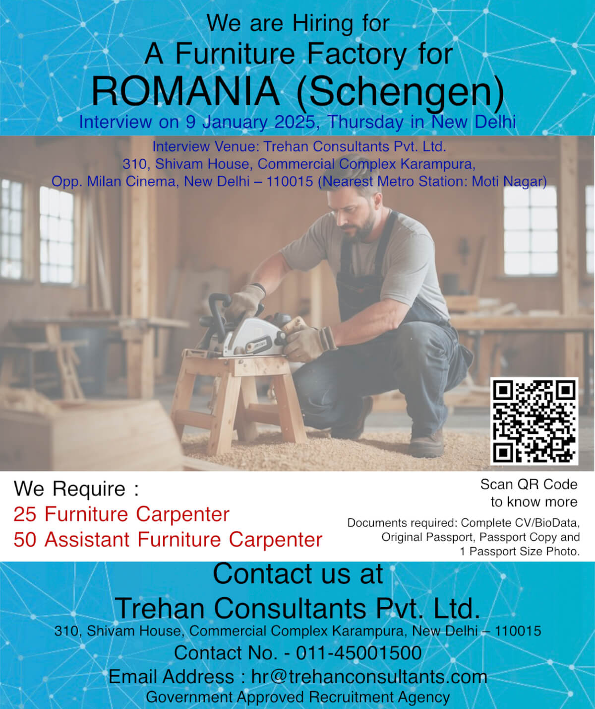 Furniture Carpenter & Assistant Furniture Carpenter required for ROMANIA (Schengen) for a Furniture Factory - Interview Date 9 January 2025