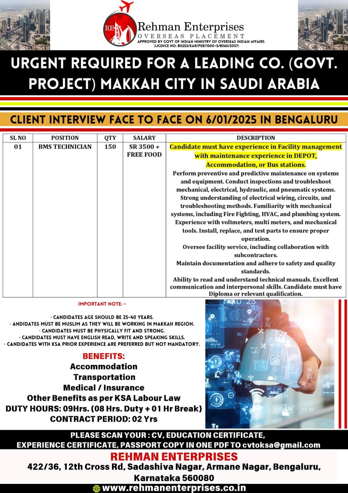 URGENT REQUIRED FOR A LEADING CO. (GOVT. PROJECT) MAKKAH CITY IN SAUDI ARABIA