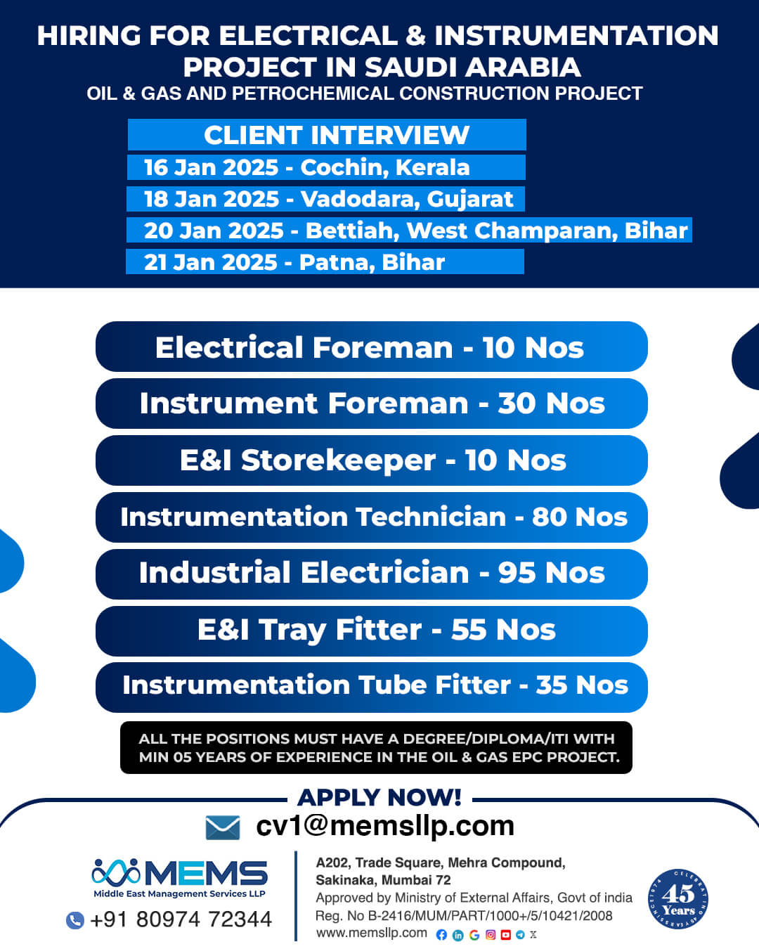 Hiring for Electrical & Instrumentation Project in Saudi Arabia