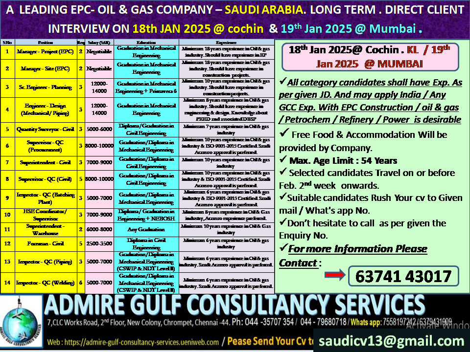 A  LEADING EPC- OIL & GAS COMPANY - SAUDI ARABIA -LONG TERM . DIRECT CLIENT INTERVIEW ON 18th JANUARY 2025 @ COCHIN & 19th JANUARY 2025 @ MUMBAI