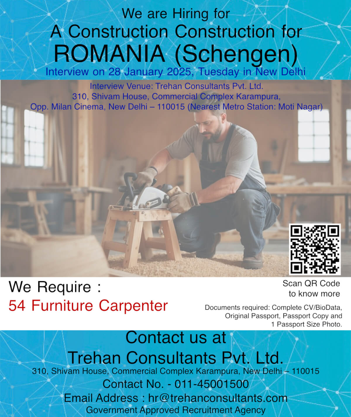 Furniture Carpenters required for ROMANIA (Schengen) for a Construction Company - Interview Date 28 January 2025