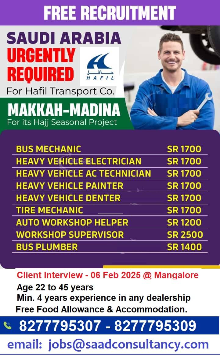 CLIENT INTERVIEW IN MANGALORE ON 5 & 6 FEB FOR MECCA - SAUDI ARABIA