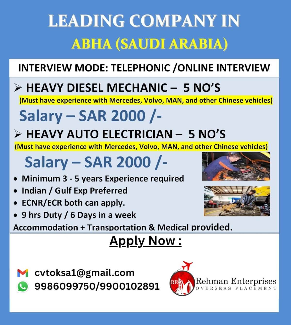 HIRING FOR A LEADING COMPANY ABHA IN SAUDI ARABIA