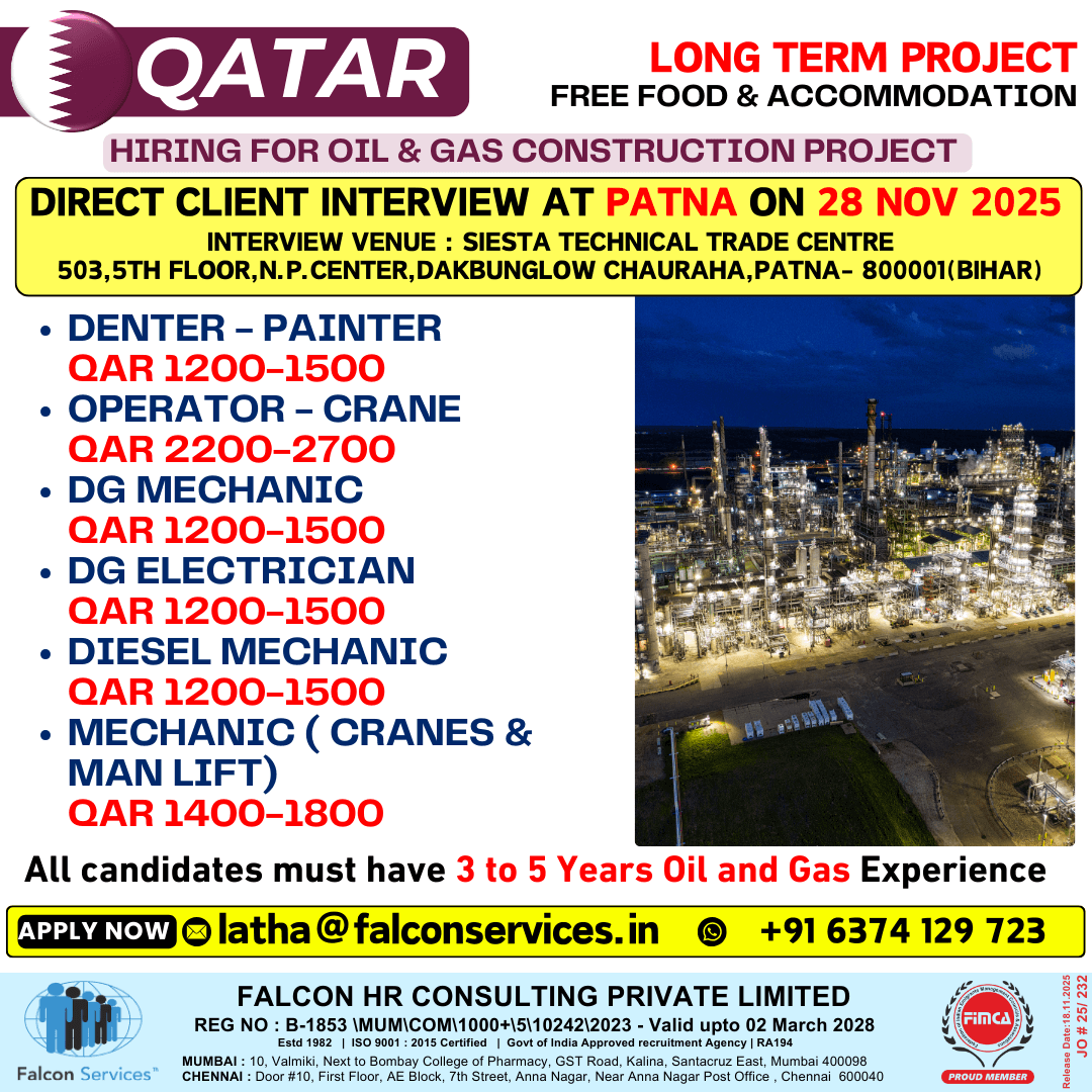 QATAR – LONG TERM PROJECT | Free Food & Accommodation Direct Client Interview in Patna – 28 Nov 2025 QATAR – LONG TERM PROJECT | Free Food & Accommodation Direct Client Interview in Patna – 28 Nov 2025