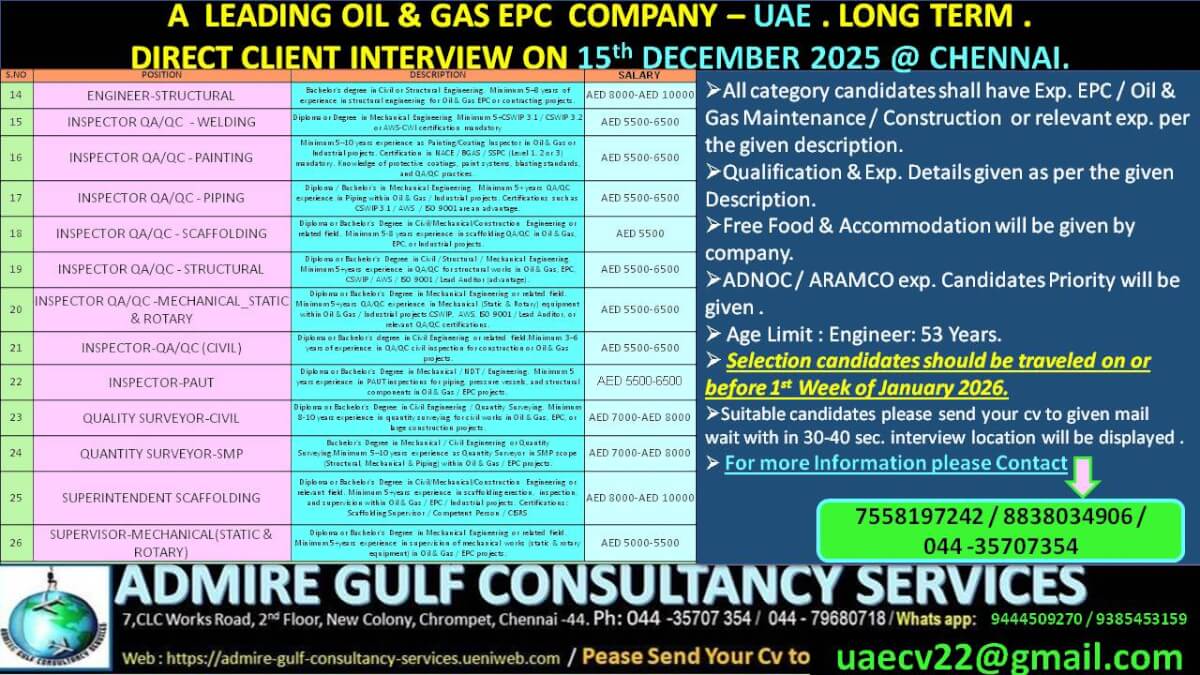 a  leading oil & gas  EPC company - UAE . LONG TERM . DIRECT CLIENT INTERVIEW ON 15th DEC, 2025 @ CHENNAI