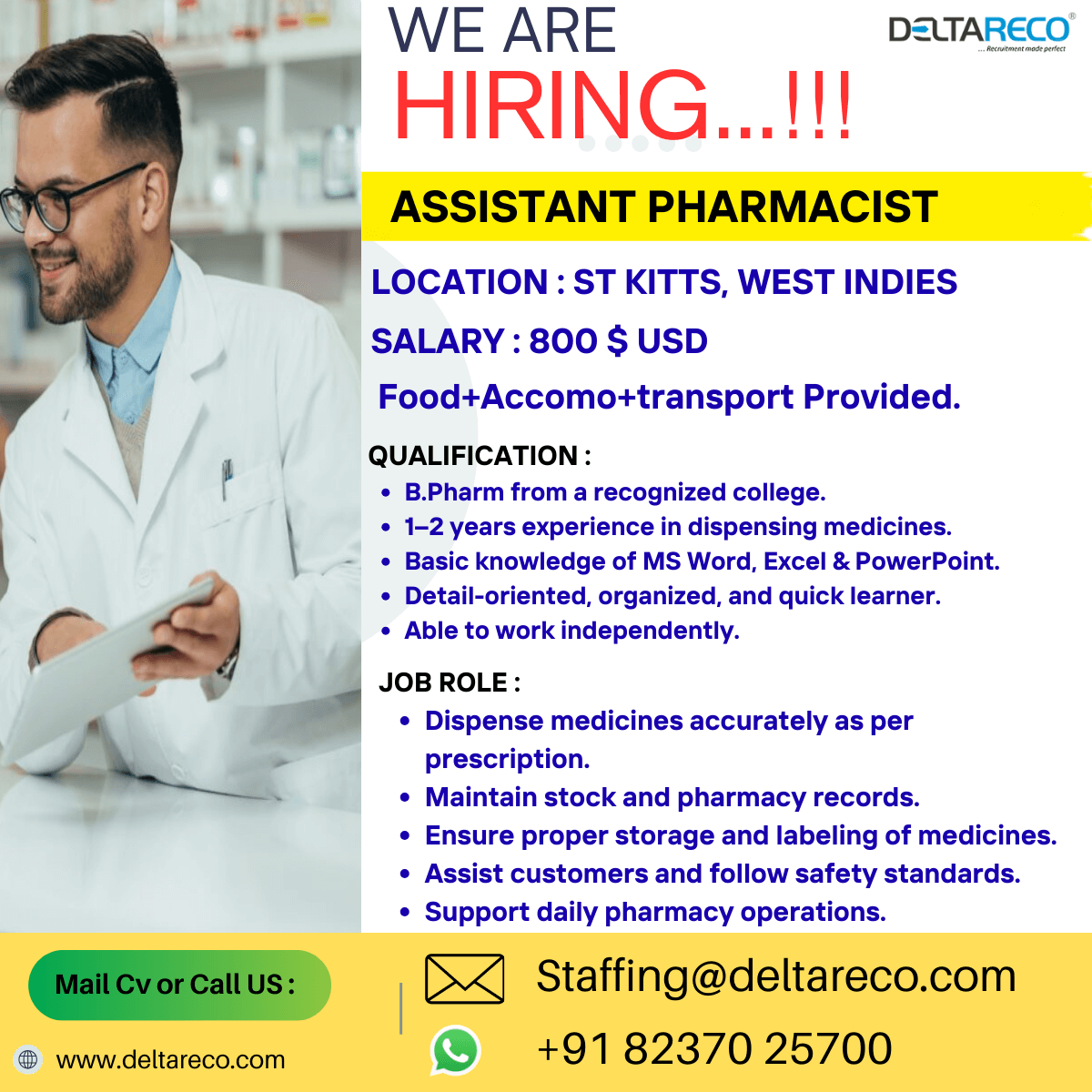 Hiring Pharmacist and Assistant Pharmacist for West indies
