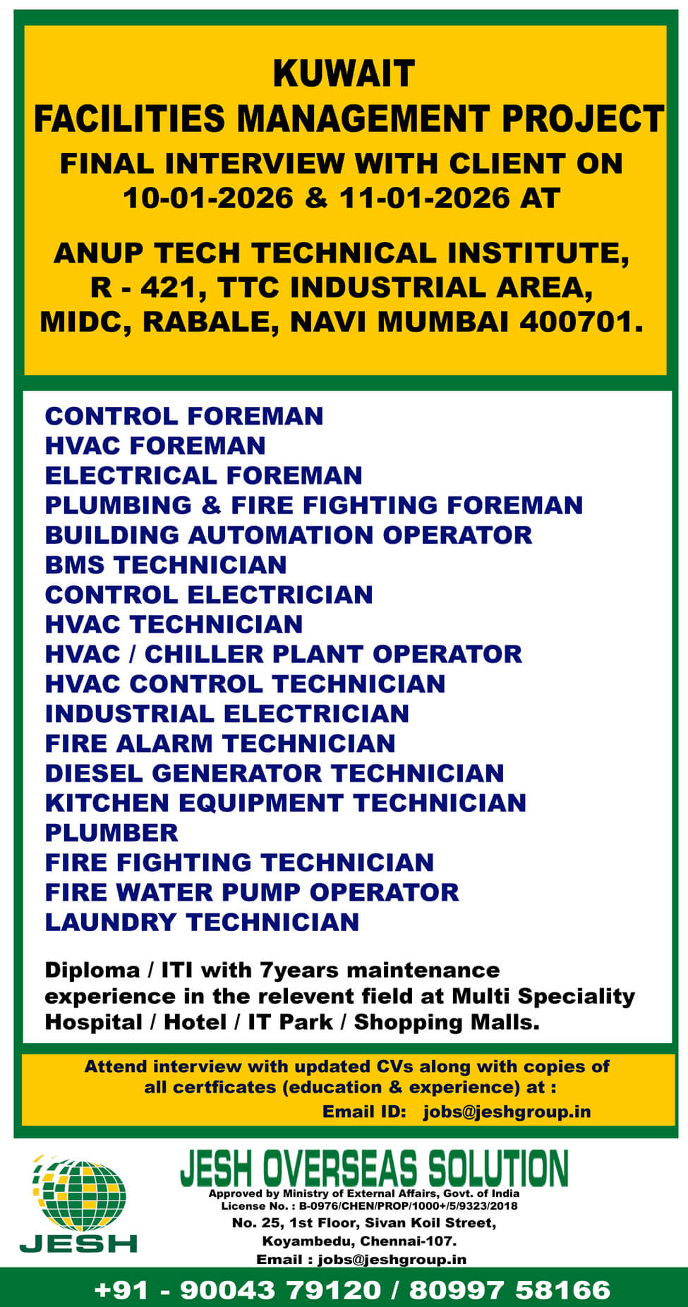 Engineers, Supervisors, Forman and Technicians