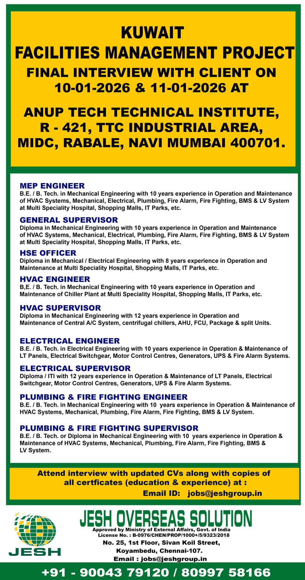 Engineers, Supervisors, Forman and Technicians