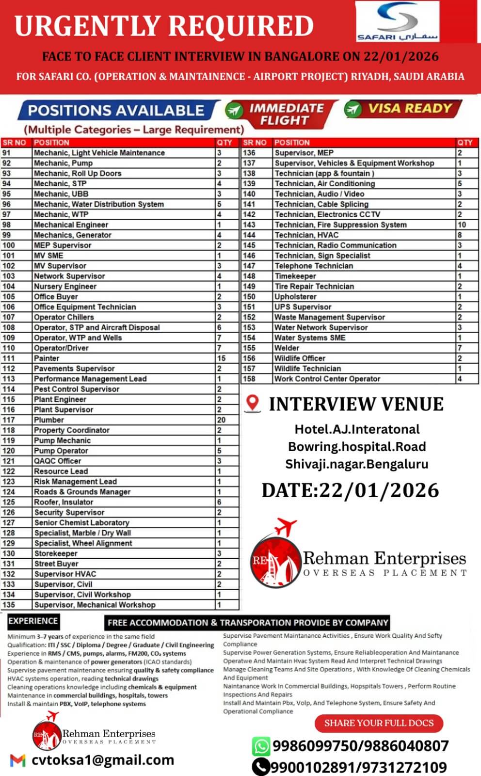 URGENTLY REQUIRED FOR SAFARI COMPANY IN SAUDI ARABIA