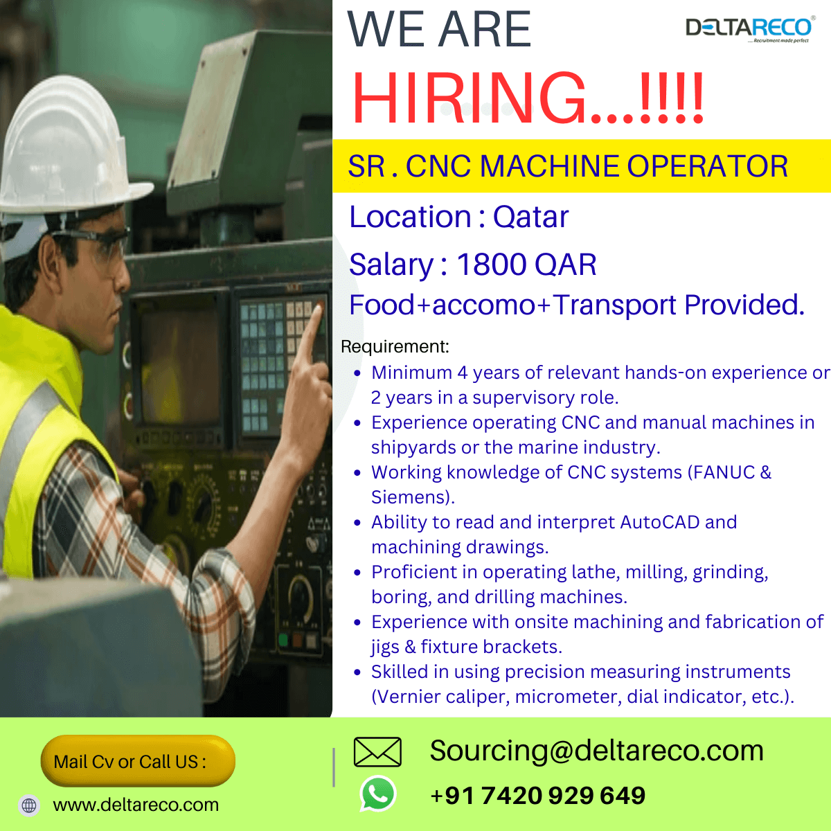 Hiring Cnc Senior and junior operator for a Shipyard in Qatar