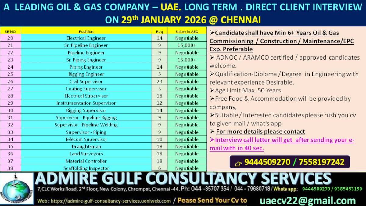A  LEADING OIL & GAS COMPANY -UAE . LONG TERM DIRECT CLIENT INTERVIEW ON 29th JANUARY 2026 @ CHENNAI
