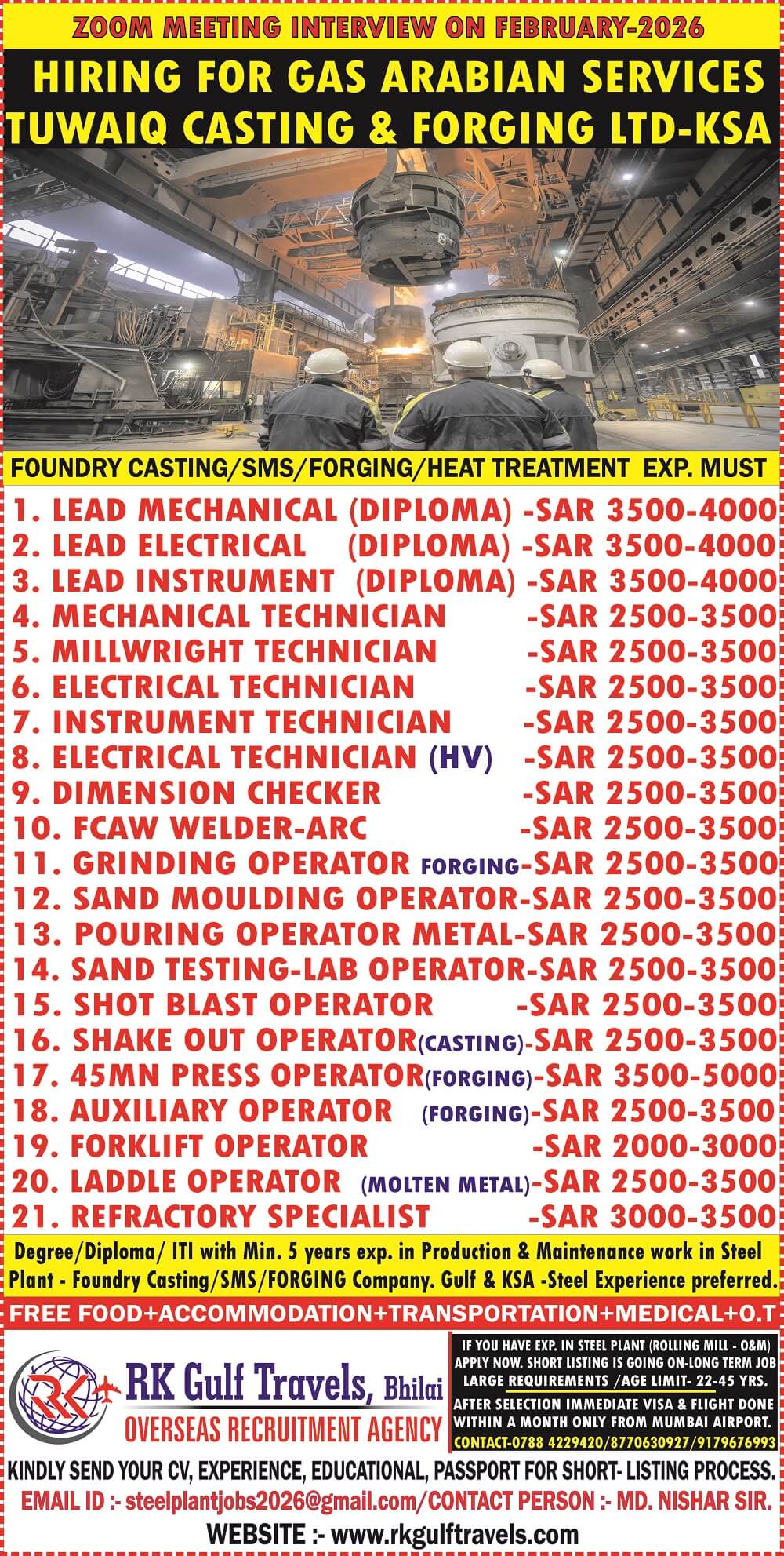 HIRING FOR A GAS ARABIA COMPANY FOR THEIR TUWAIQ STEEL - KSA