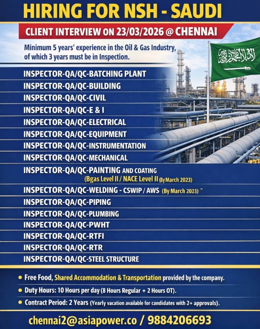 CLIENT INTERVIEW @ CHENNAI ON 23/03/2026 (QC Inspector & Supervisors)- KSA